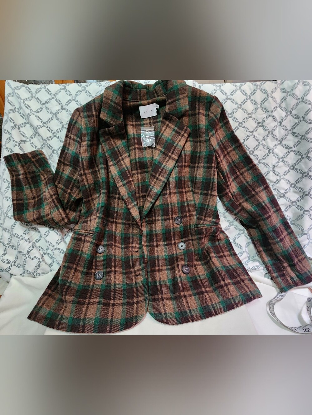 Lush Plaid Double-Breasted Blazer Jacket - Brown & Green